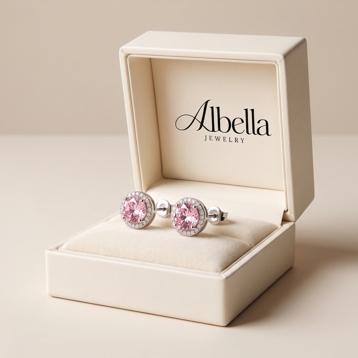Pink Round Pave Studs in Albella Jewelry gift box