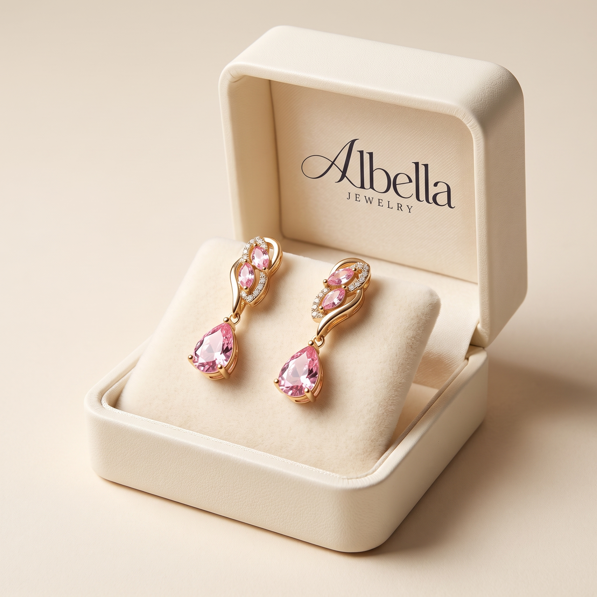 Pink Sapphire Glimmer Drop Earrings in Albella Jewelry gift box