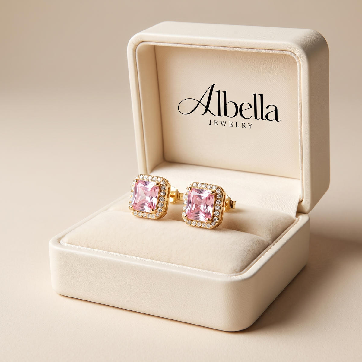 Pink Sapphire Pave Studs in Albella Jewelry gift box