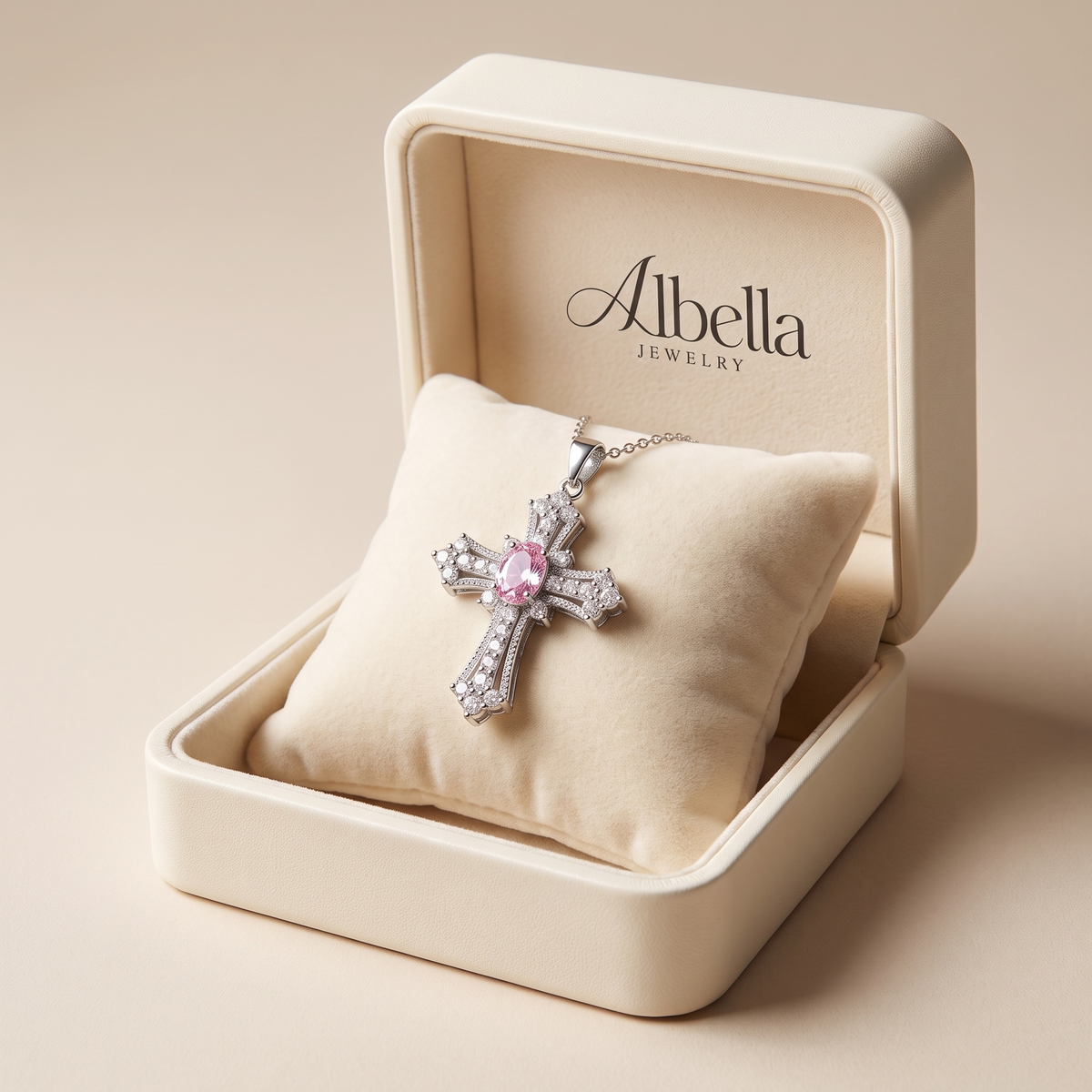 Celestial Pink Cross Necklace in Albella Jewelry gift box
