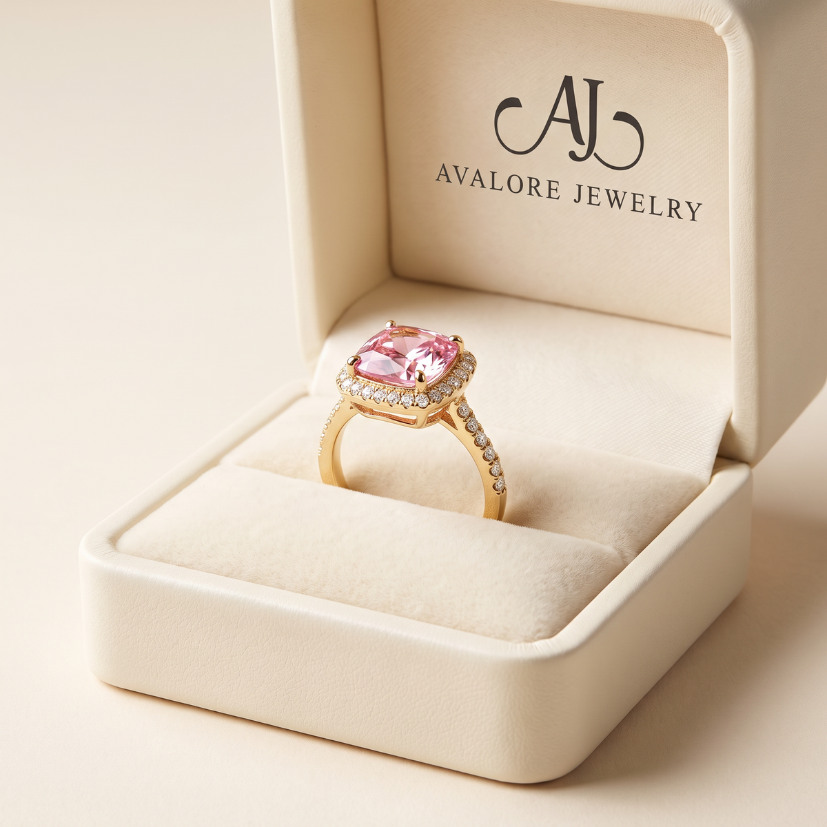Cushion Pink Sapphire Gold Ring in Albella Jewelry gift box