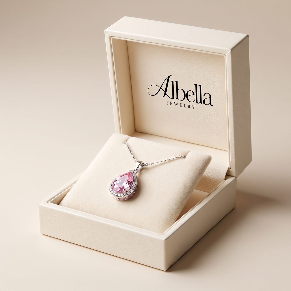 Pink Teardrop Necklace in Albella Jewelry gift box
