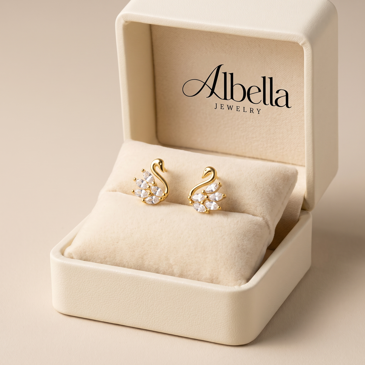 Dainty Little Swan Marquise CZ Stud Earrings in Albella Jewelry gift box