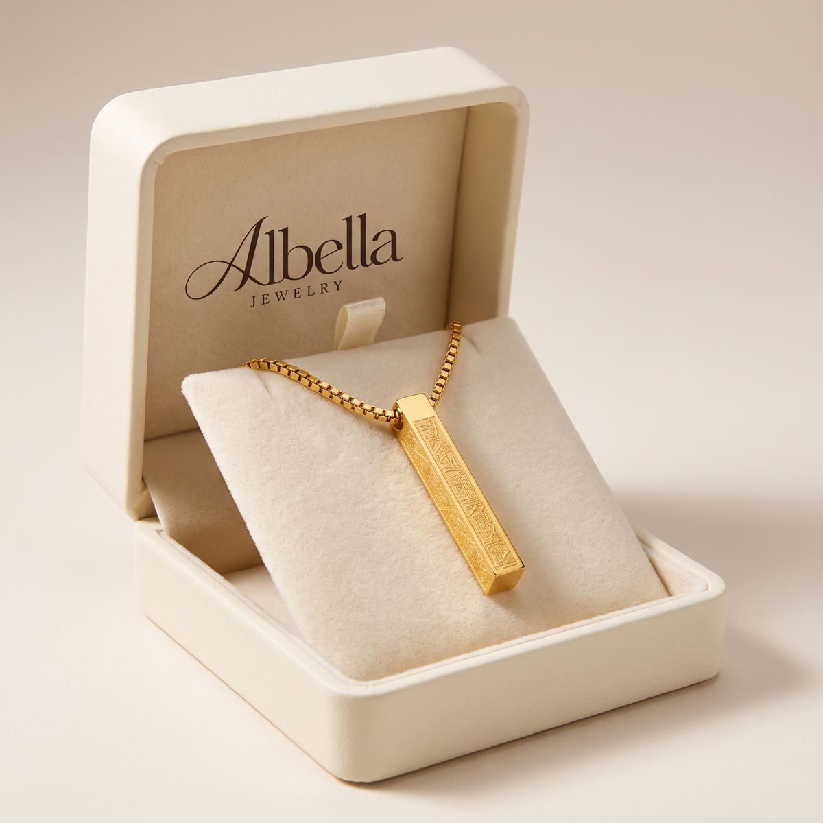 Engraved Gold Bar Necklace in Albella Jewelry gift box