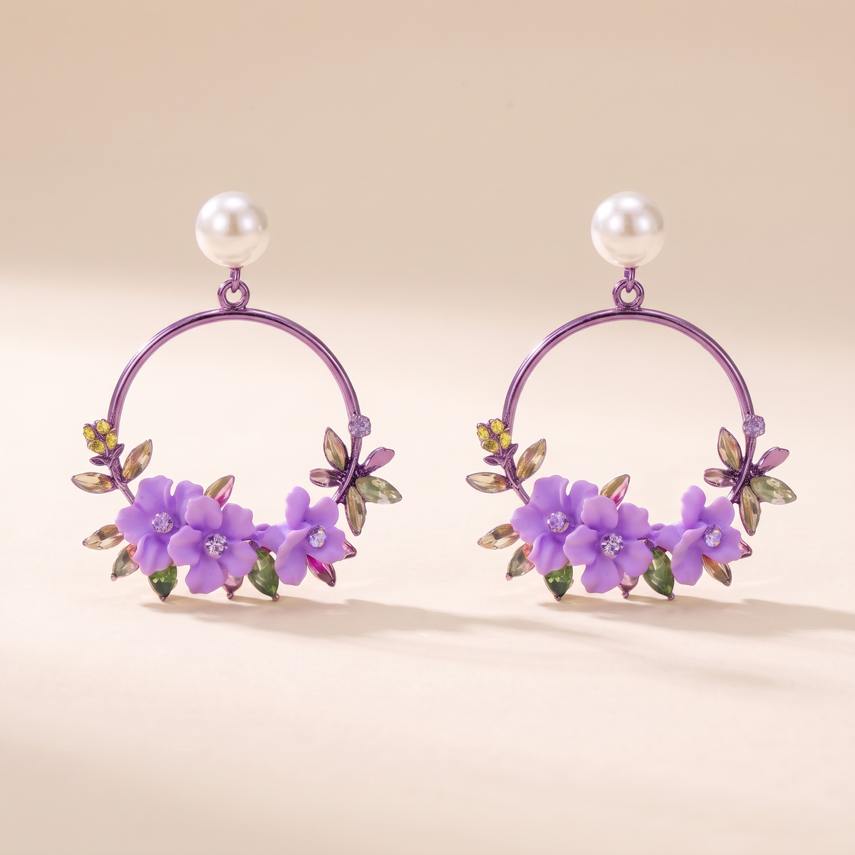 Elegant Gold Flower Earrings with Pearls – purple
