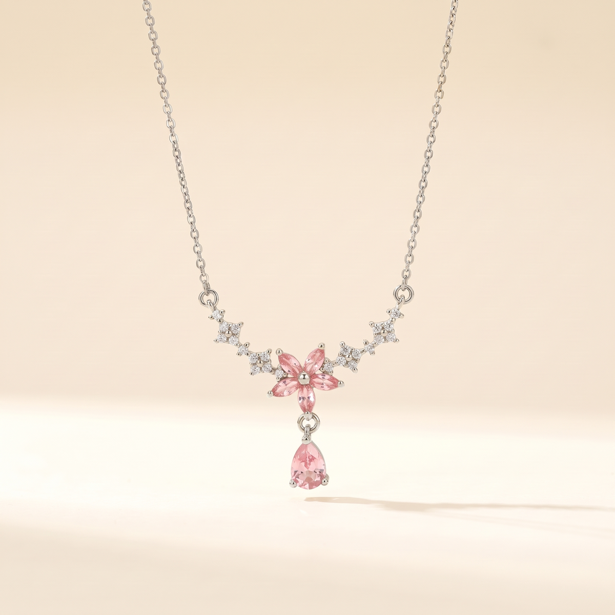 Pink Crystal Flower Drop Necklace – silver