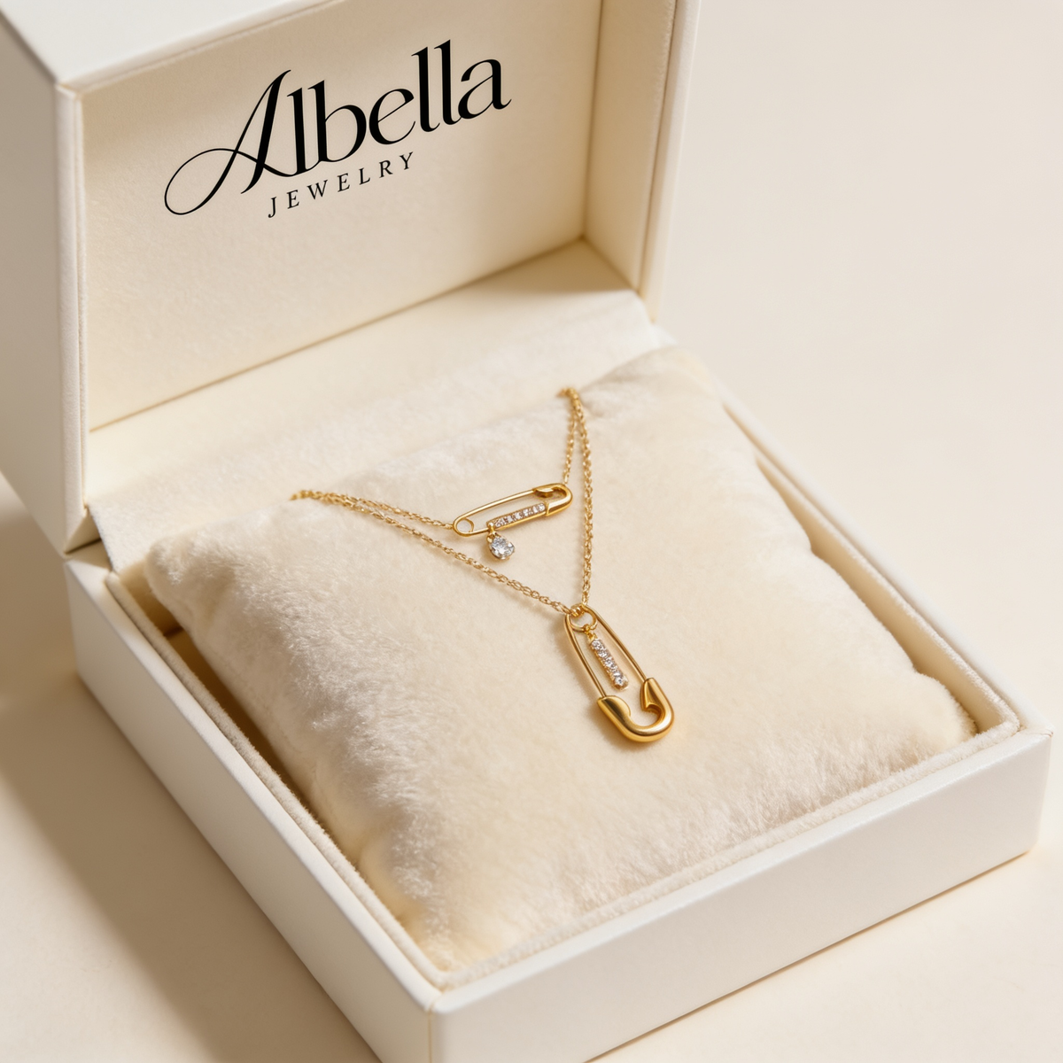 Edgy Layered Safety Pin Necklace in Albella Jewelry gift box