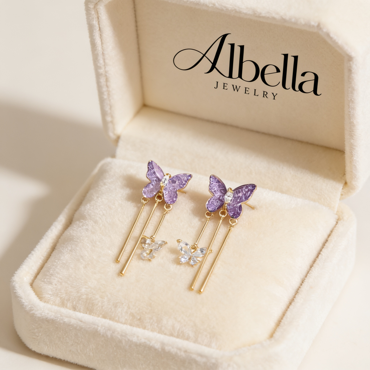 Lavender Butterfly Drop Earrings in Albella Jewelry gift box