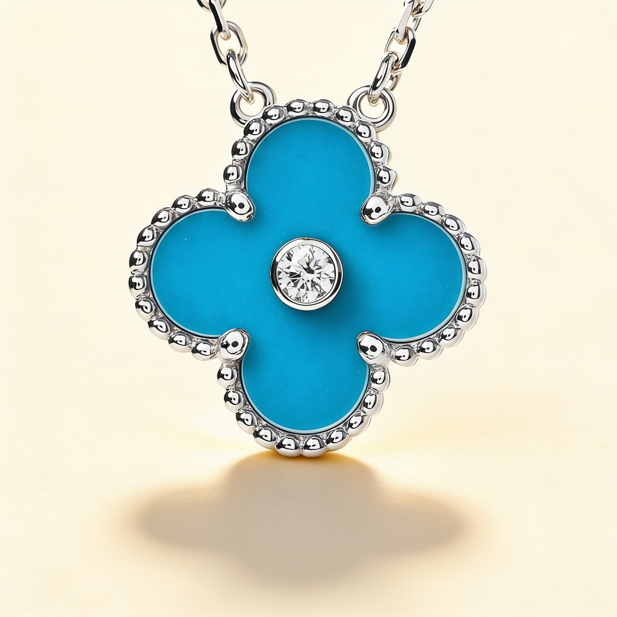 Blue Porcelain Clover Pendant Necklace – Silver
